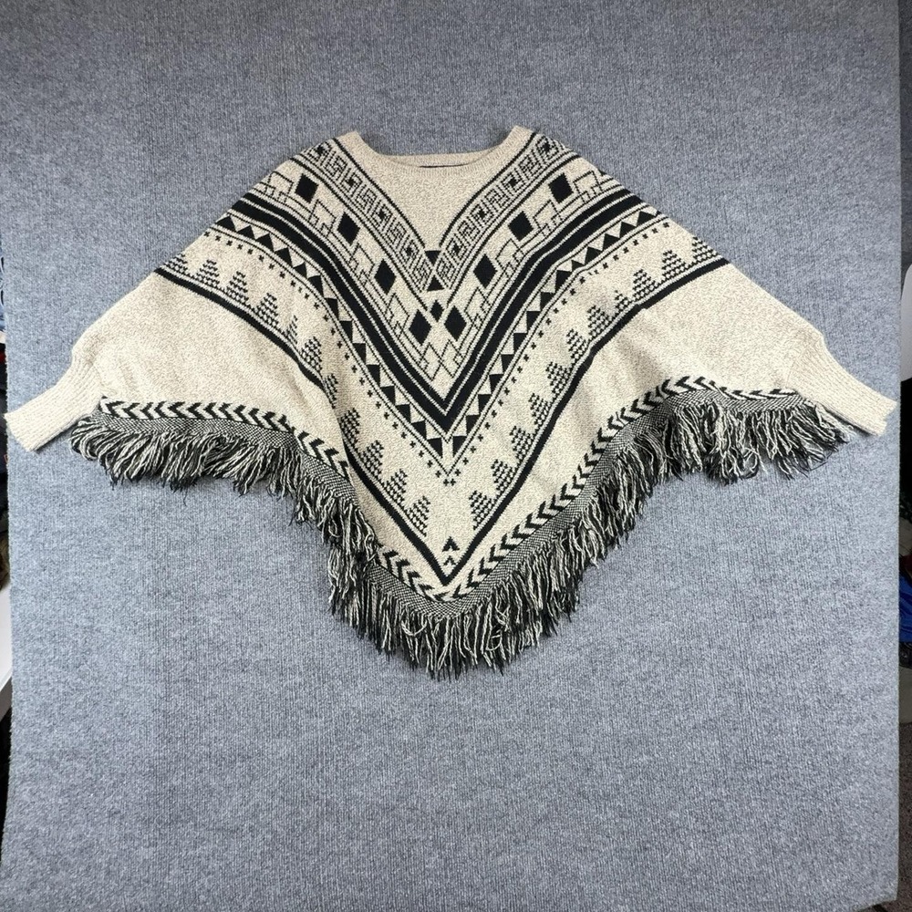 Love Tree Cape Sweater Womens M/L Beige Black Aztec Fringe Boho Poncho Knit